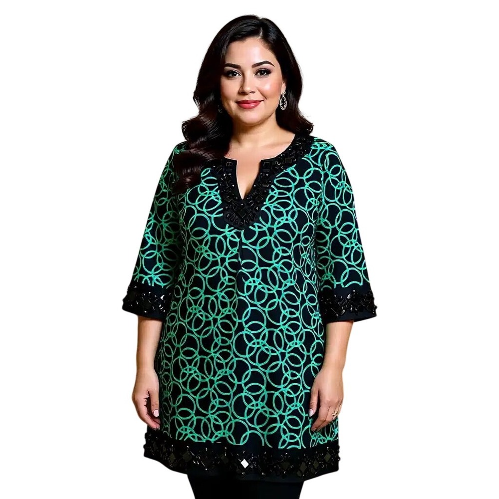 INC International Concepts $129 Geometric Beaded V Neck 3/4 Sleeve‎ Dress XL NWT